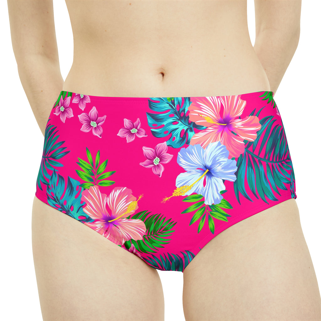 PINK ALOHA - High-Waist Hipster Bikini Bottom.