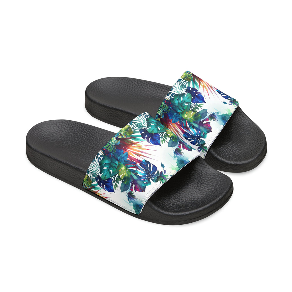 Black slides with birds of paradise pattern