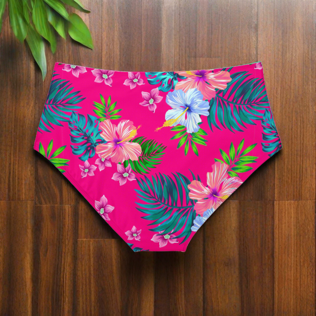 PINK ALOHA - High-Waist Hipster Bikini Bottom.