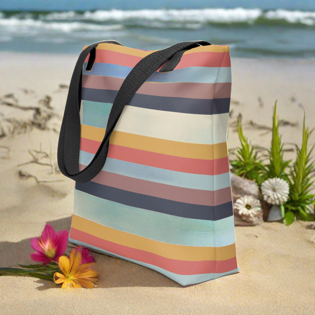 pastel colored striped beach bag